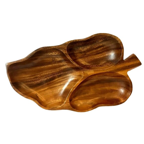 VTG Monkey Pod Wood Leaf Shaped 3 Section Divided Serving Tray/Bowls/Dish-14" - Picture 9 of 16